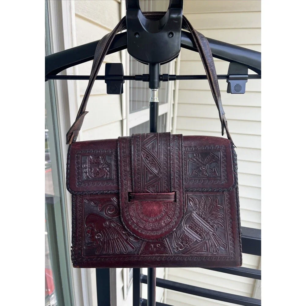 Vintage Mexican Aztec Mayan Tooled Brown Leather Handbag Purse Boho Hippie Vibe